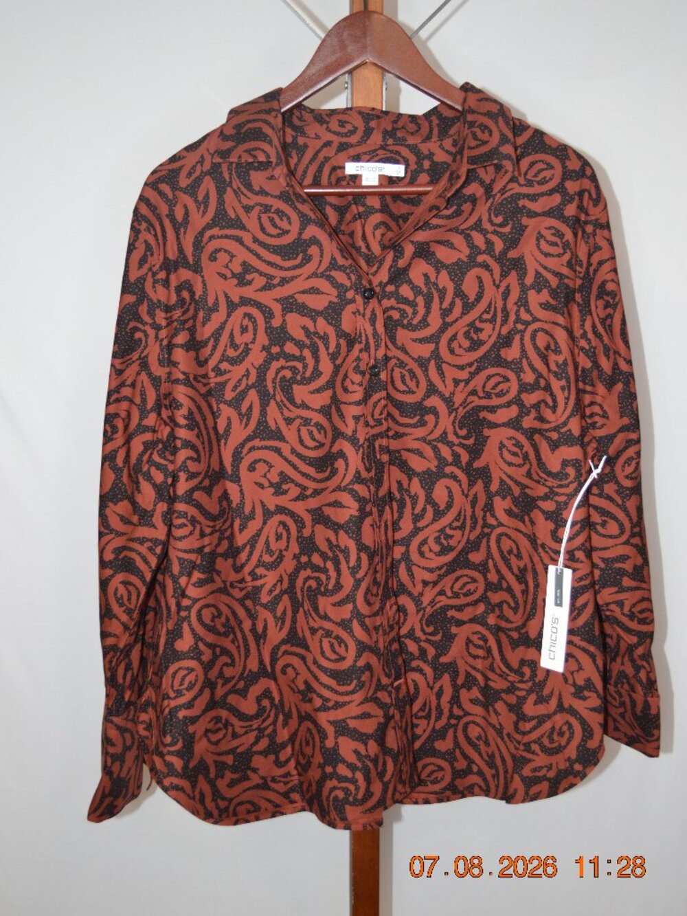 Chico's Women's Size 3 (US XL) Brown Black Paisley Button Down Shirt NWT